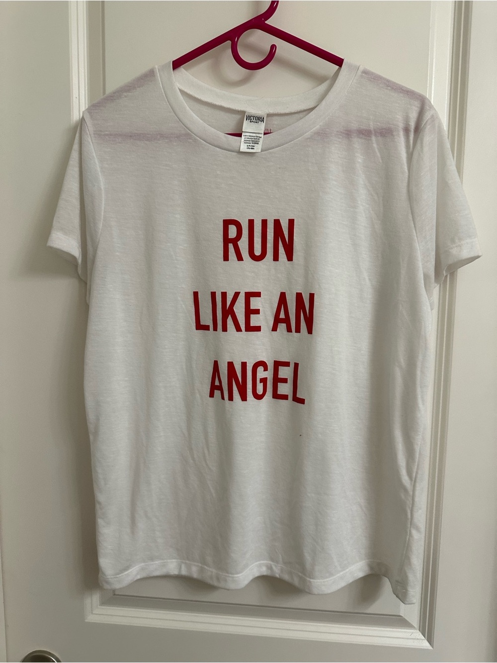 Victoria's Secret White Tee with Red 'Run Like An Angel' Graphic